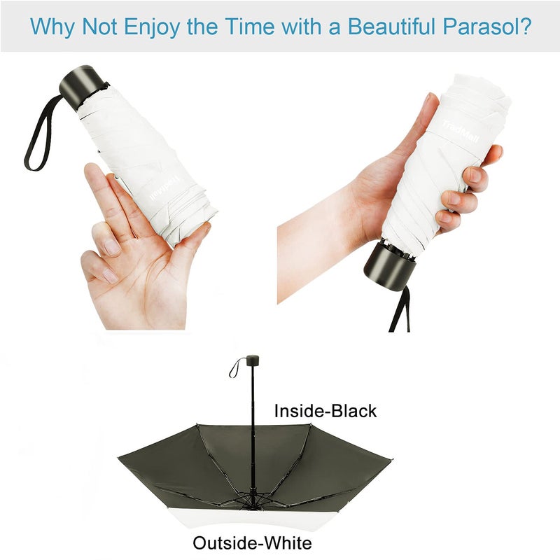 TradMall Mini Travel Umbrella, Portable Lightweight Compact Parasol with 95% UV Protection for Sun & Rain, White - Image 2